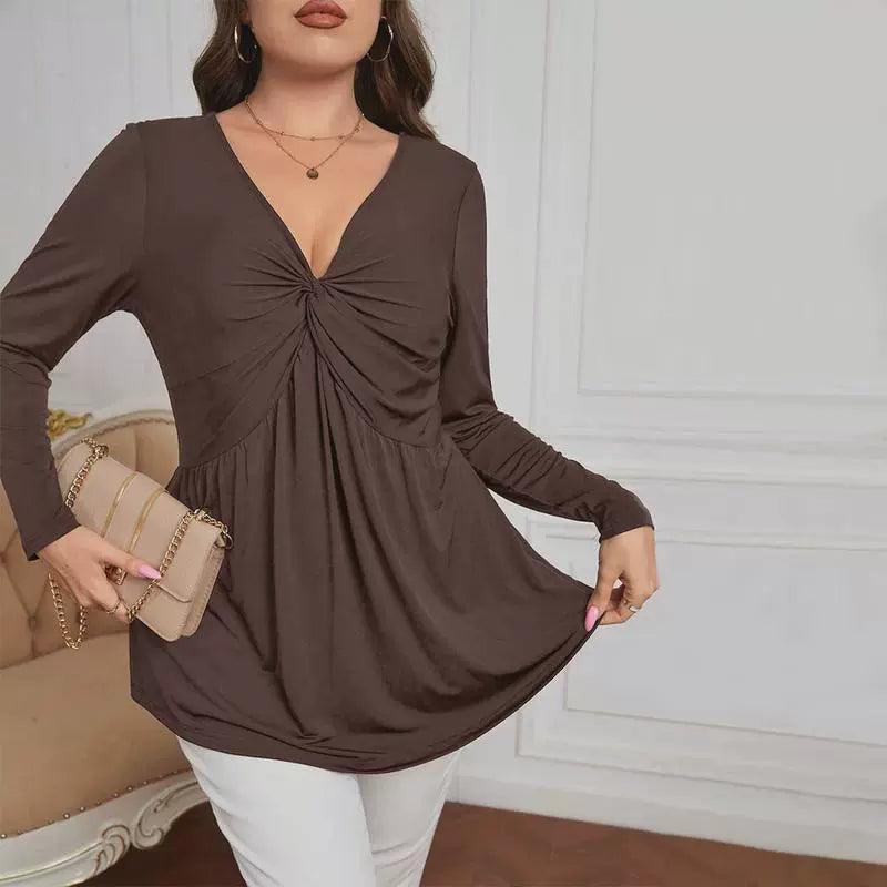 Plus-Size Knitted V-Neck Sexy Top - Stylish Blouse - ClubOn