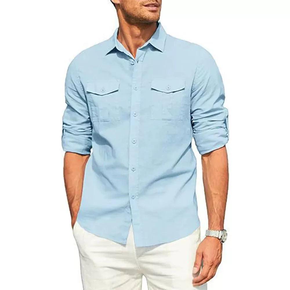 Men's Shirt Double Pocket Cotton Linen Long Sleeve Casual Shirt - ClubOn