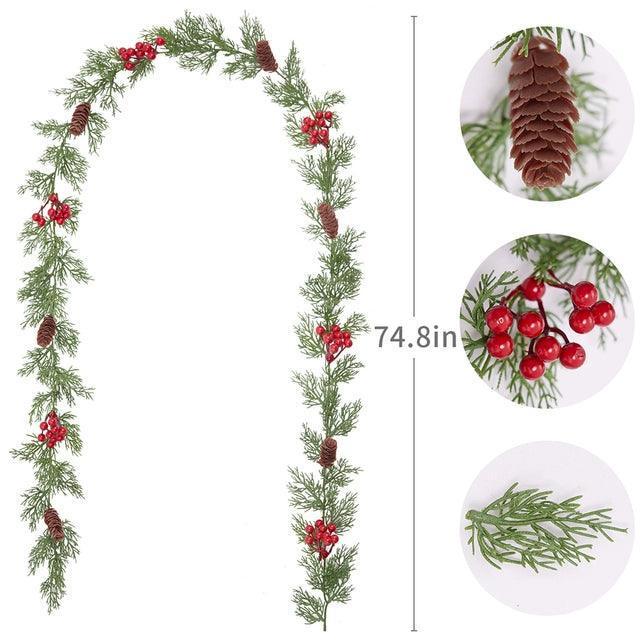Christmas Pine Vine Garland with Red Berries - Festive Rattan Home Décor - ClubOn