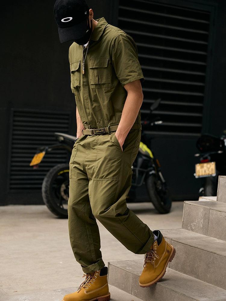 Men’s Retro Nostalgic Workwear Jumpsuit – Summer Thin One-Piece, Short-Sleeved Suit - ClubOn