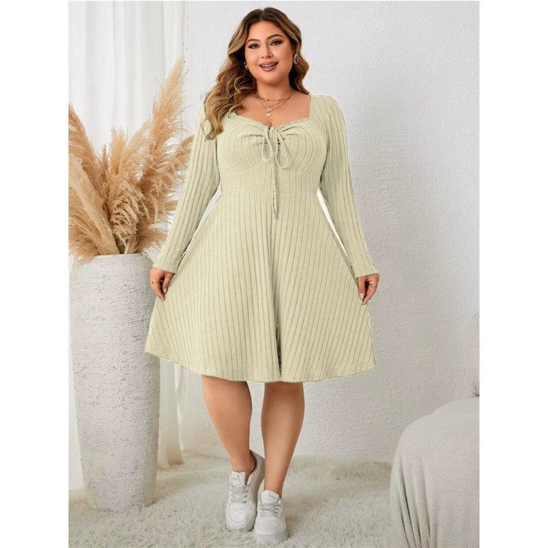 Plus Size Square Neck Long Sleeve Dress - XL-4XL Women's Skirt - ClubOn