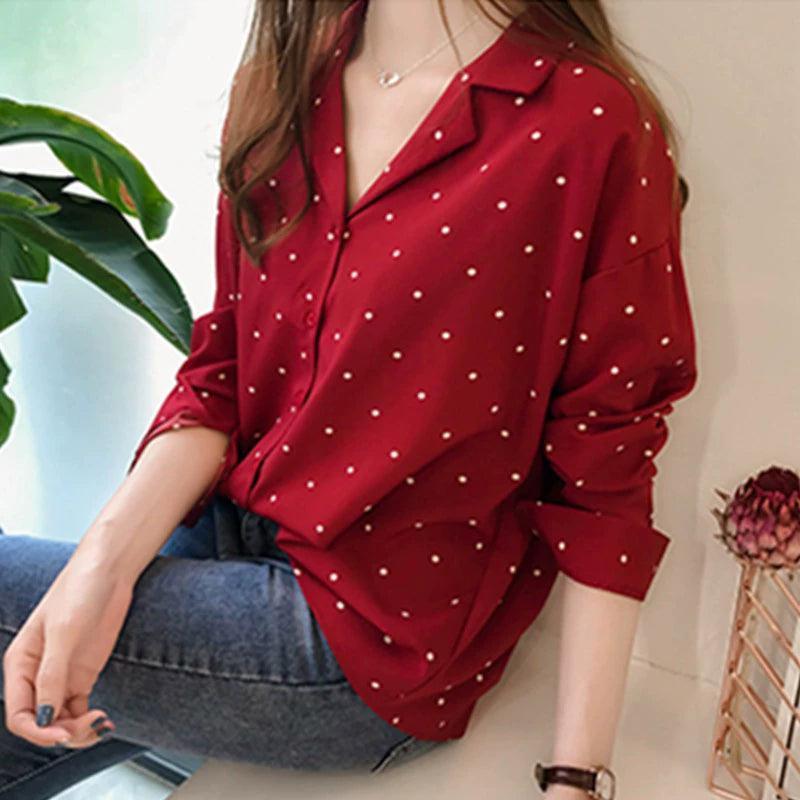Dots Shirt Women Top Casual V-Neck Long Sleeves Blouses - ClubOn