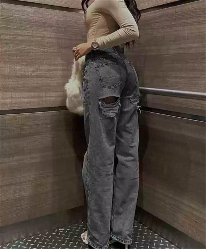 European & American Slim High Waist Ripped Denim Jeans - ClubOn