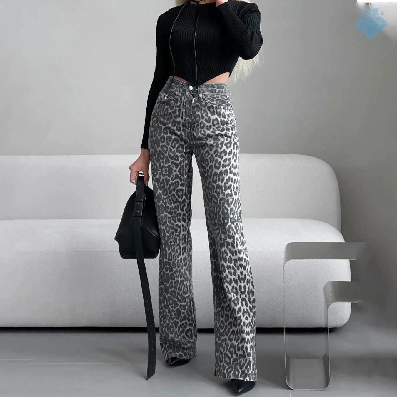 Retro High-End Leopard Print Narrow Jeans for Women - ClubOn