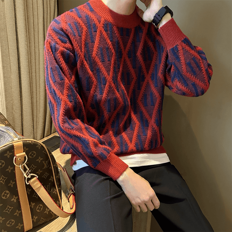 Mr. NR Thick Jacquard Red Christmas Sweater - Casual Round Neck Knitted - ClubOn