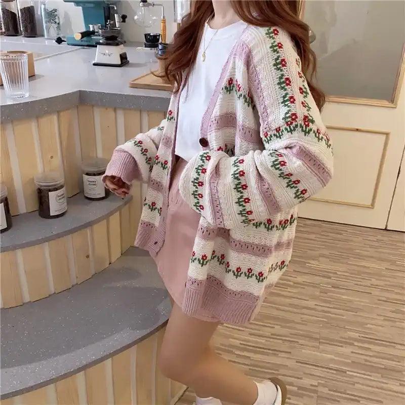 Women’s Japanese Print Cardigans | Spring Autumn Hollow Design - ClubOn