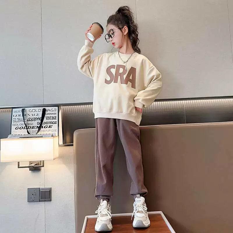Girls' Casual Two-Piece Suit – Letter Sweatshirt for Spring & Autumn - ClubOn