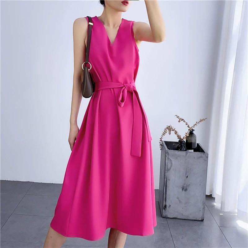 Elegant Summer Sleeveless V-Neck Mid-Length Dress for Women - ClubOn