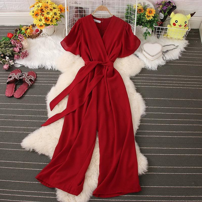 Korean INS V-Neck Tie Waist Jumpsuit for Women - ClubOn