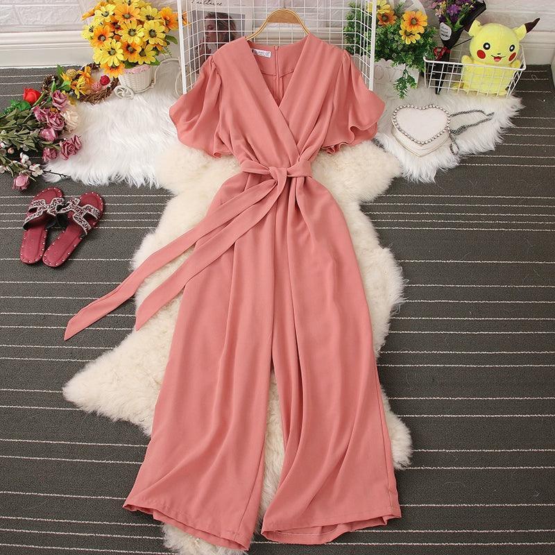 Korean INS V-Neck Tie Waist Jumpsuit for Women - ClubOn
