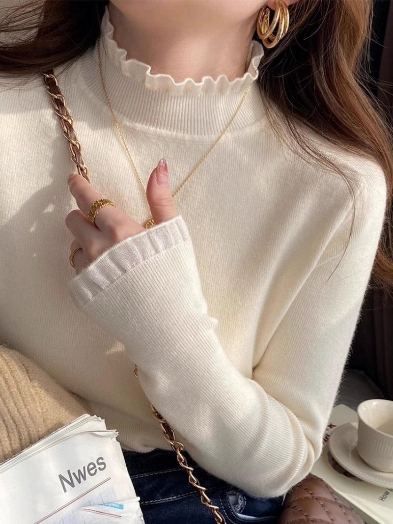 Lace-Edged Half Turtleneck Knitted Top for Women - ClubOn