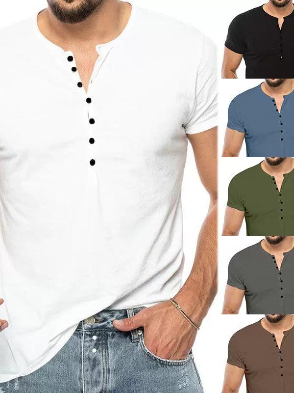 Summer Men's Henry Shirt Solid Color Large Size Loose Short Sleeve T-Shirt - ClubOn