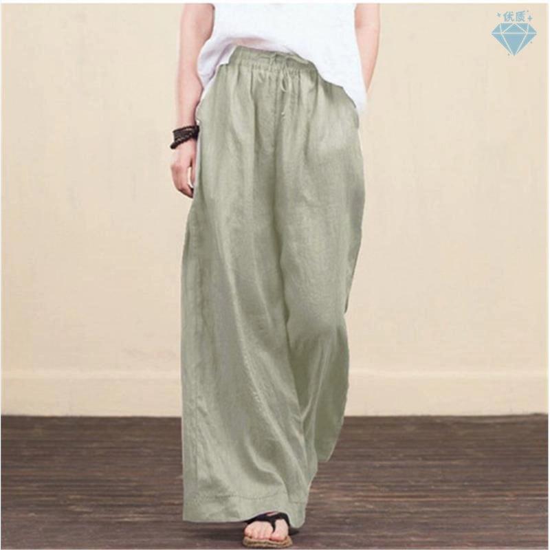 Women's High Waist Wide Leg Pants - Cotton Linen Casual - ClubOn
