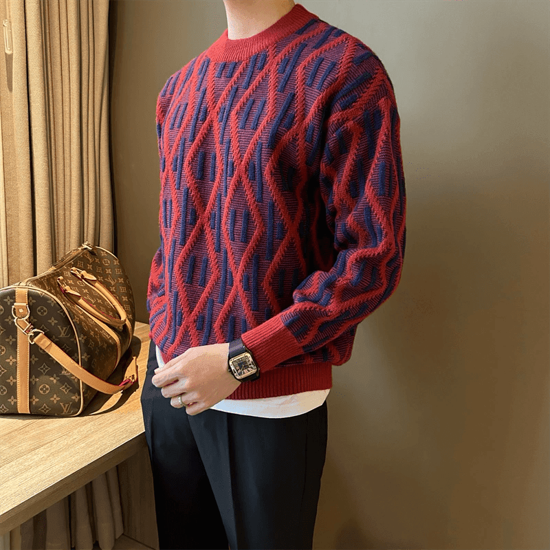 Mr. NR Thick Jacquard Red Christmas Sweater - Casual Round Neck Knitted - ClubOn
