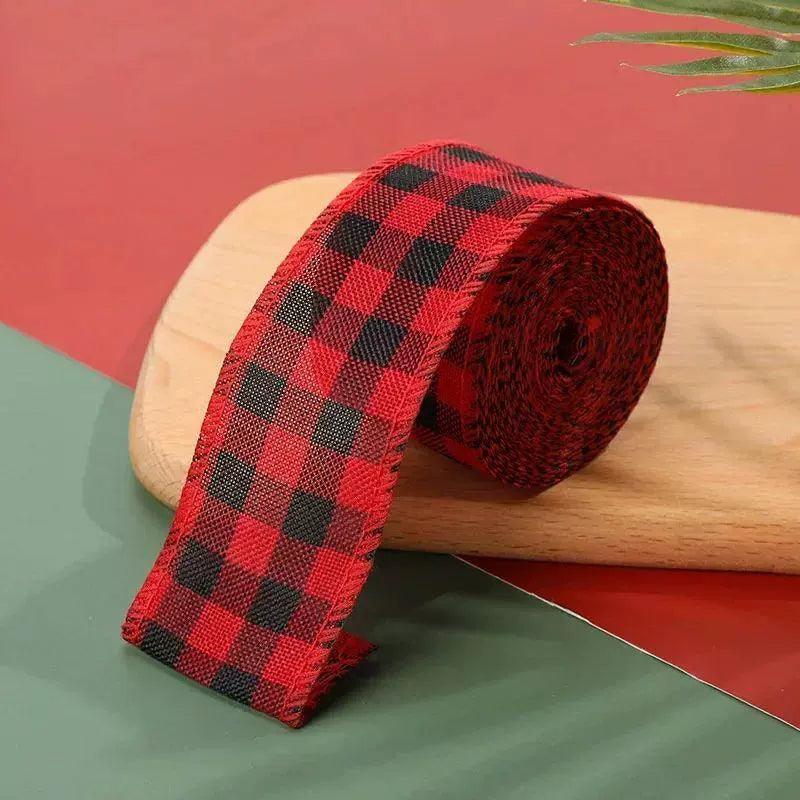 6m/roll Red & Black Plaid Ribbons - Imitation Hemp Grosgrain - ClubOn
