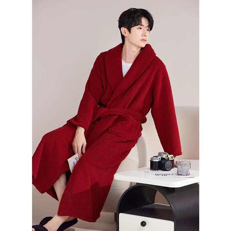 Half-Edge Velvet Nightgown Men's Autumn and Winter Thick Coral Fleece Pajamas Bathrobe - Long Home Clothes Large Size Morning Robe - ClubOn