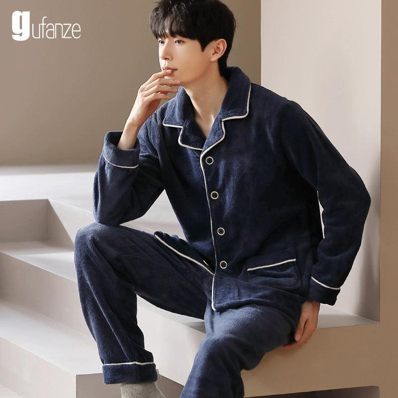 Pajamas – Men’s Flannel Thickened Velvet Coral Fleece Suit - ClubOn