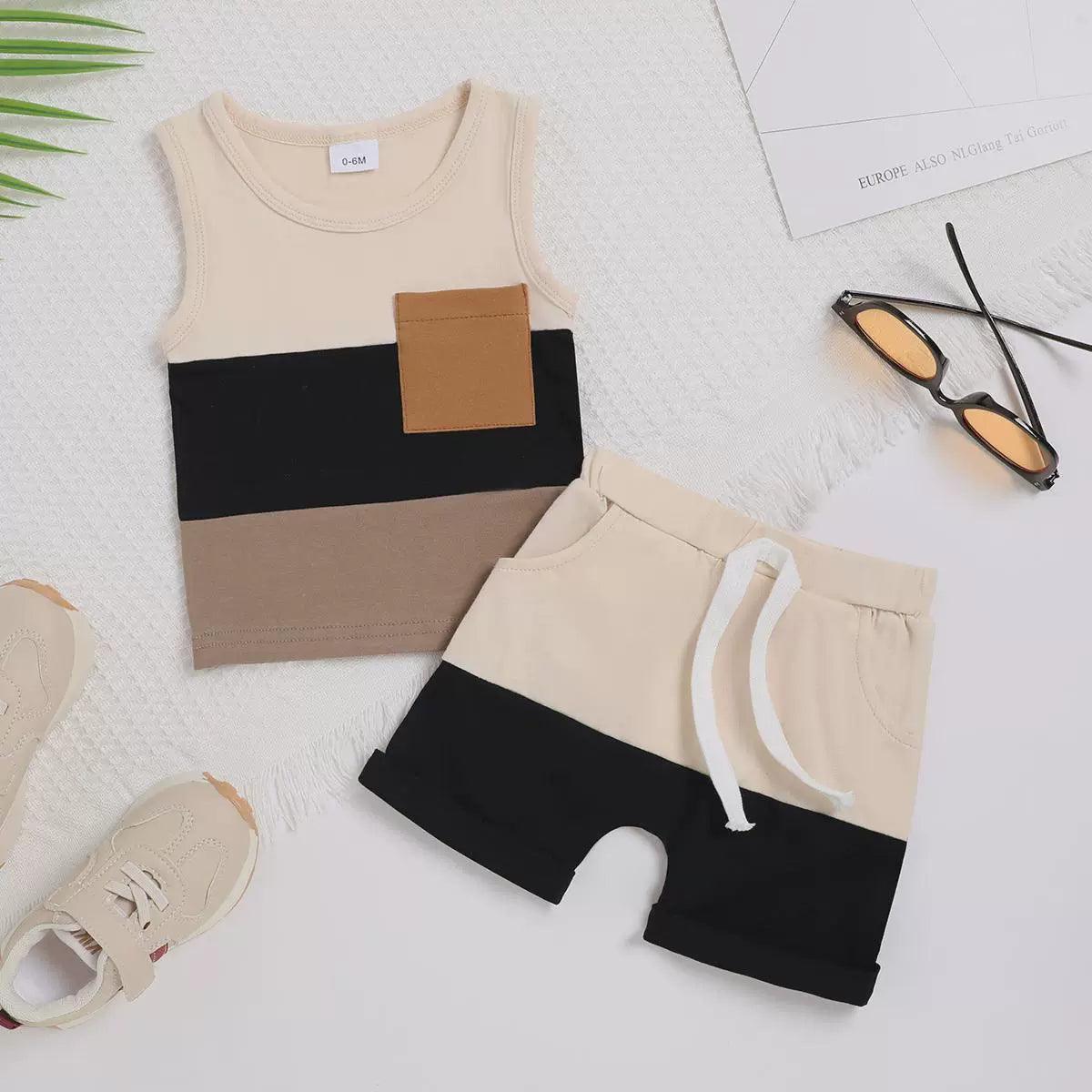 Infant Baby Boys Patchwork Short Set - Sleeveless Vest & Shorts - ClubOn