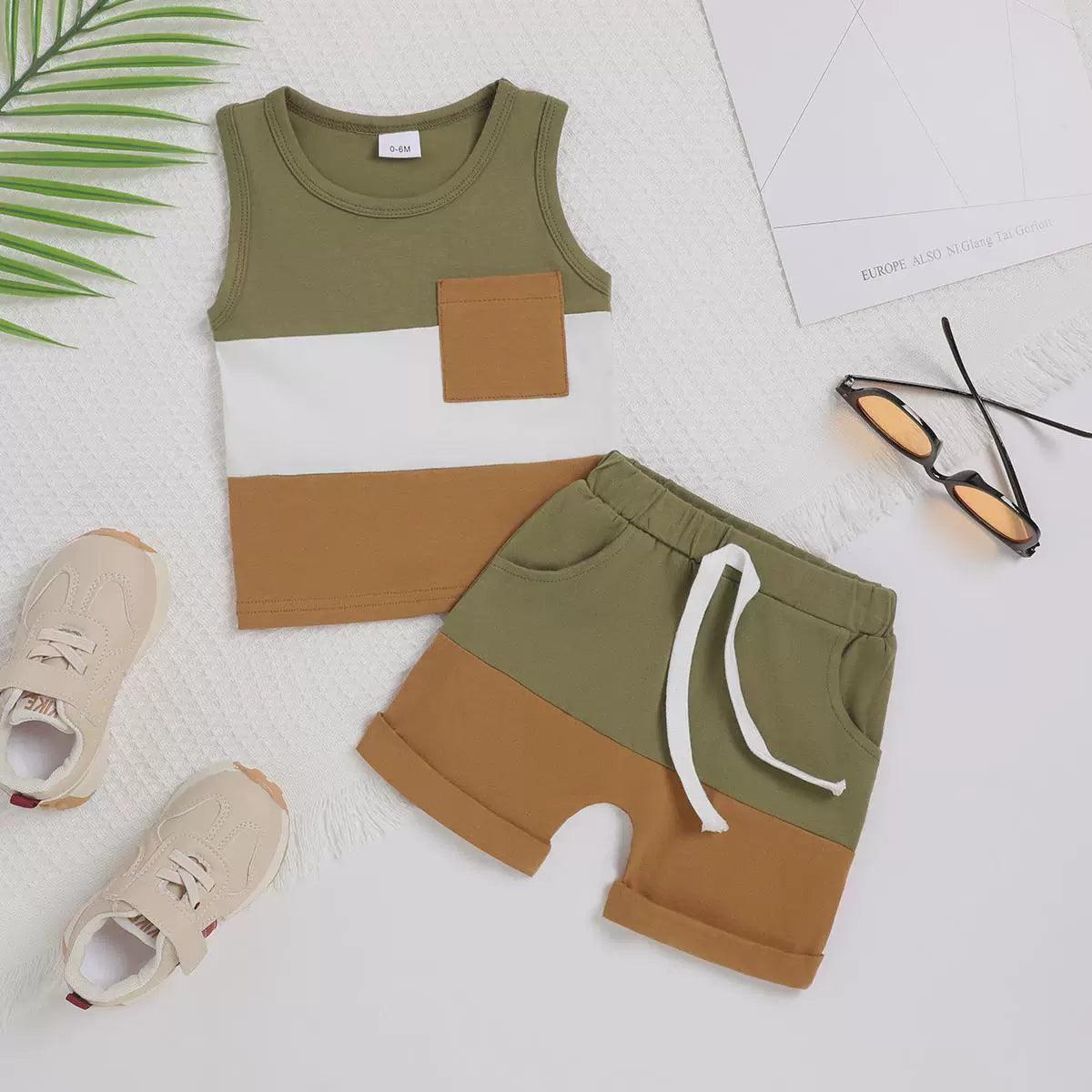 Infant Baby Boys Patchwork Short Set - Sleeveless Vest & Shorts - ClubOn