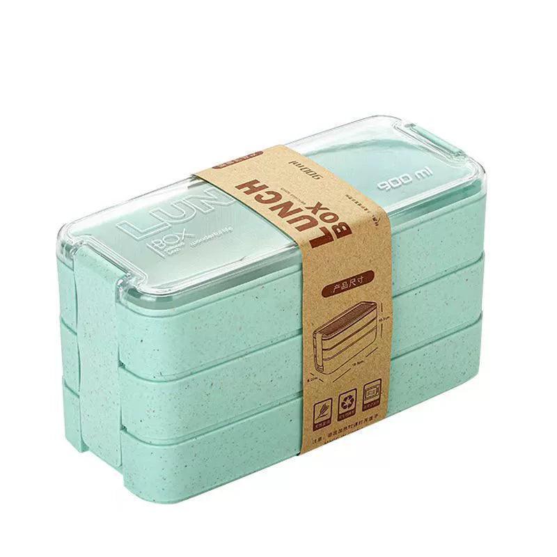 Three-Layer Wheat Straw Plastic Lunch Box with Tableware - ClubOn