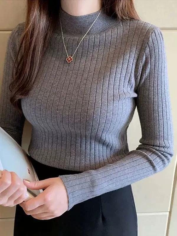 Women Mockneck Sweater Knitted Solid Casual Jumper - ClubOn