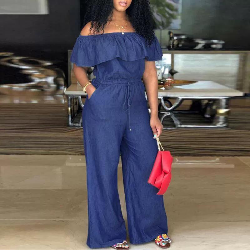 Plus Size One-Shoulder Ruffled Jumpsuit Jeans - Sexy Fashion - ClubOn