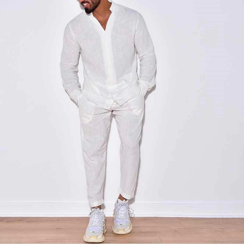 Men's Linen Casual Suit - Autumn Long Sleeve Jacket & Trousers - ClubOn