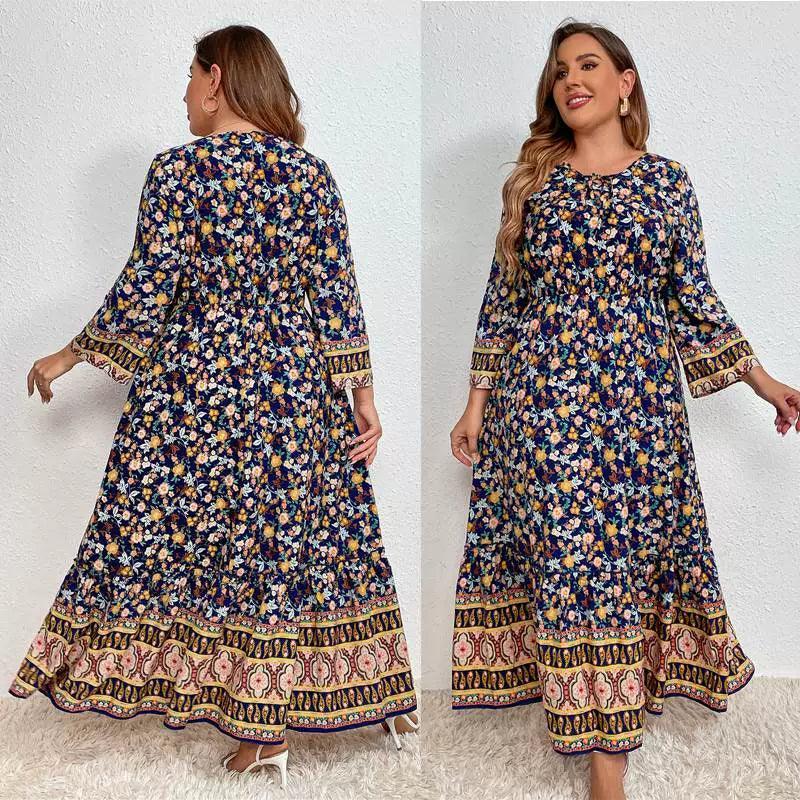 Plus Size Long Sleeve Floral Cotton Dress - Women's Fashion - ClubOn