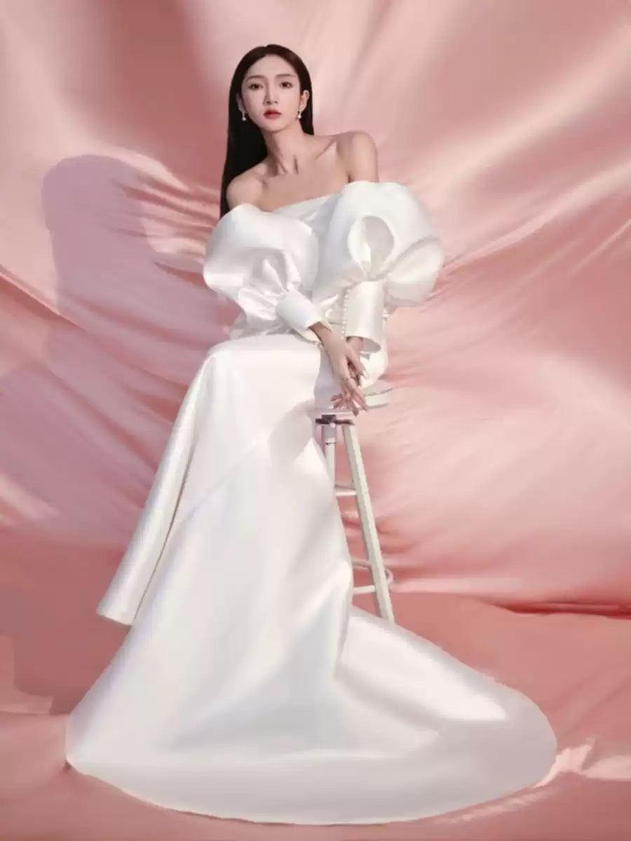 Simple Waist-Cinching Mermaid Puff Sleeve Satin Wedding Dress - ClubOn