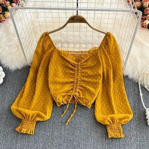 Women’s Pleated Crop Top Blouse - Sexy Solid Color Shirt - ClubOn