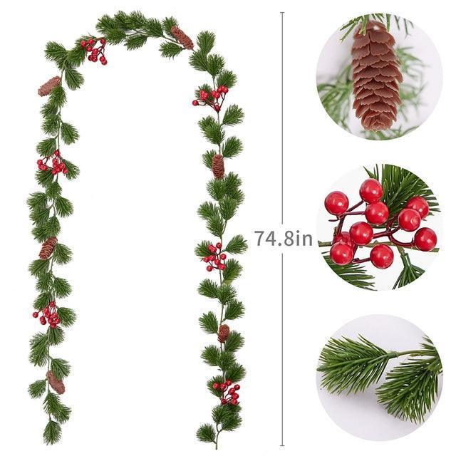 Christmas Pine Vine Garland with Red Berries - Festive Rattan Home Décor - ClubOn