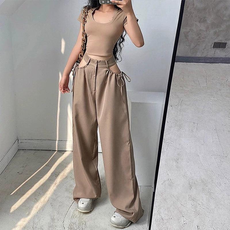 Chic Vintage Hollow Out Bandage Casual Pants for Women - ClubOn