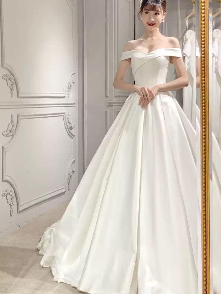 Off-Shoulder Bridal Gown - Vintage Satin Floor-Length Dress for Petite Brides, Simple Summer Photoshoot Gown - ClubOn