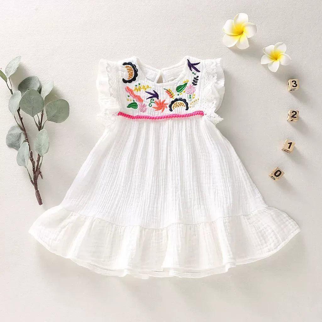Infant Baby Girls Cotton Linen Dress – Pleated Short Sleeve Outfit - ClubOn
