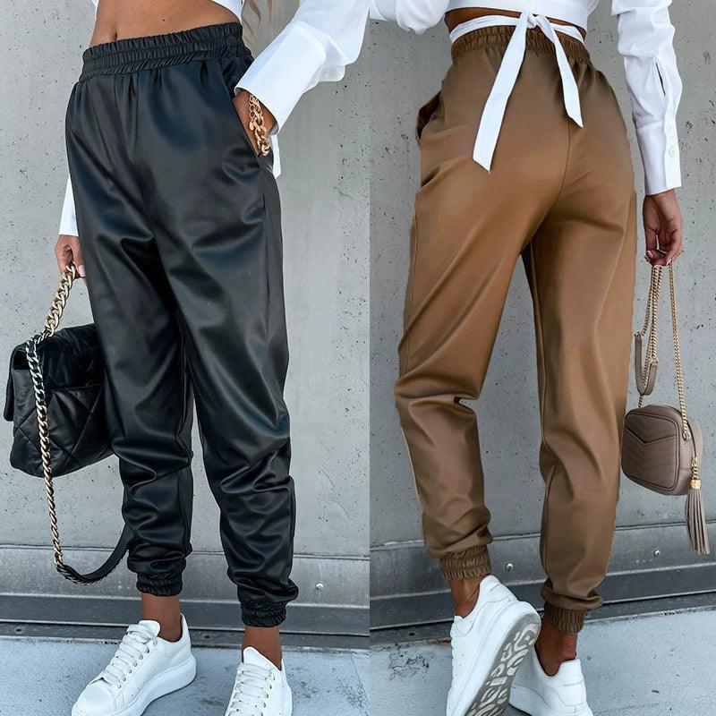 Women’s Elastic Waist Casual Leather Pants - ClubOn