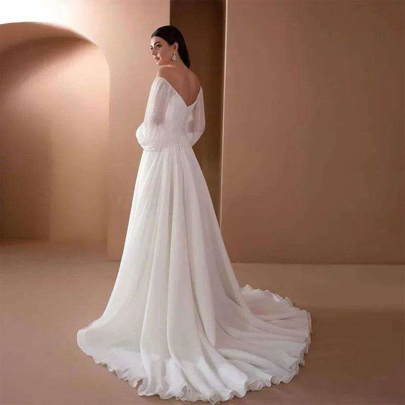 Women’s Elegant Wedding Evening Dress with Puff Long Sleeves, Sexy - ClubOn