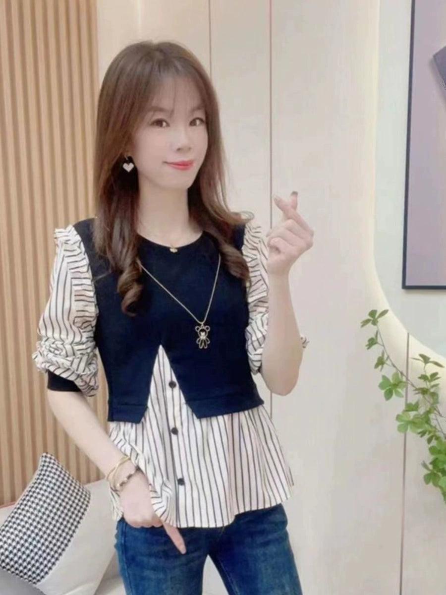 Fashionable Splicing Fake Two-Piece Striped Shirt for Women - ClubOn