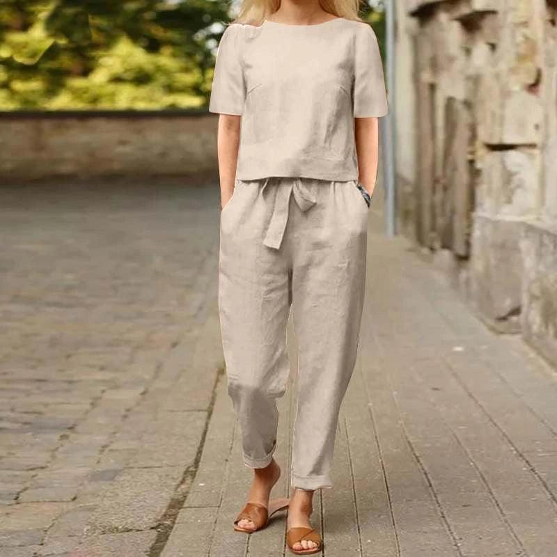 Women’s Cotton and Linen Half-Sleeve Collar Oversized Set - ClubOn