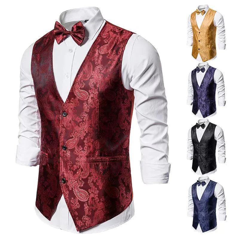 Wine Red Jacquard Suit Vest Men's Business Banquet Wedding Party - ClubOn
