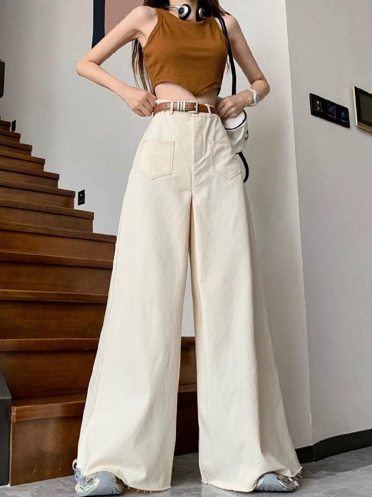 Retro Apricot White Wide-Leg Denim Pants for Women - ClubOn