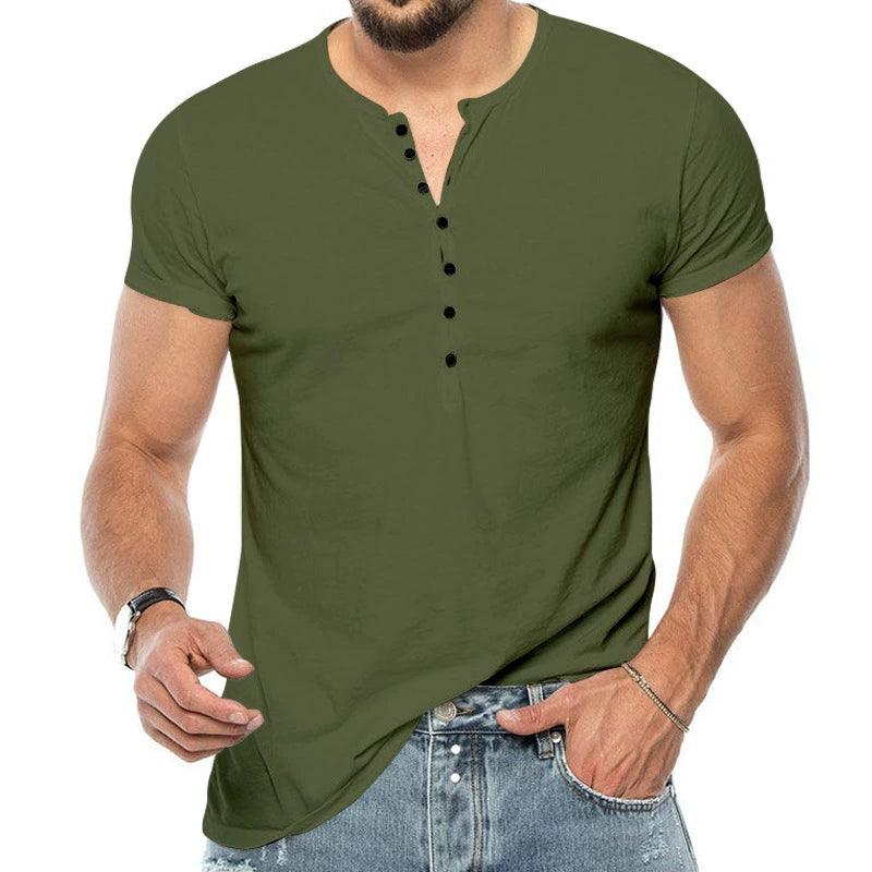 Summer Men's Henry Shirt Solid Color Large Size Loose Short Sleeve T-Shirt - ClubOn