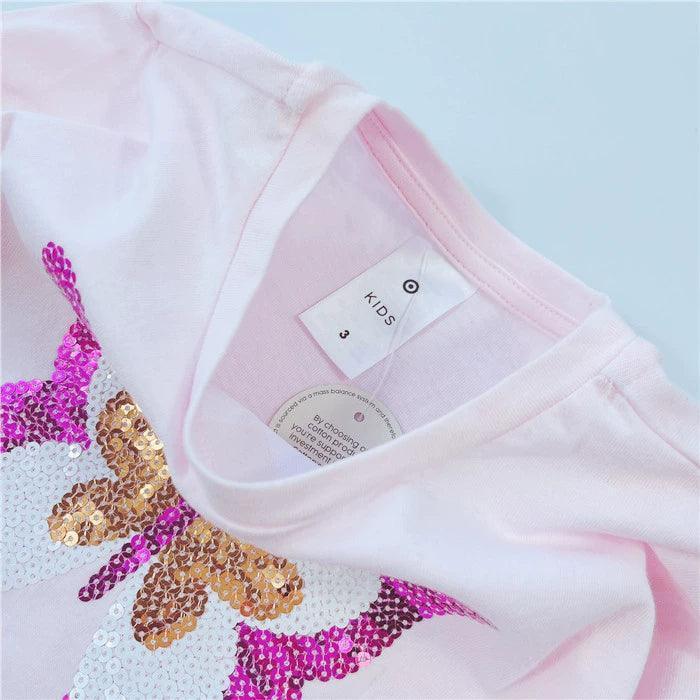 Girls’ Cotton Short Sleeve Top with Sequin Butterfly – Stylish & Unique - ClubOn