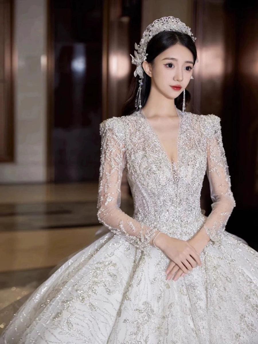 Style Deep V-neck Bridal Gown 2024, Long Sleeve, White Train - ClubOn