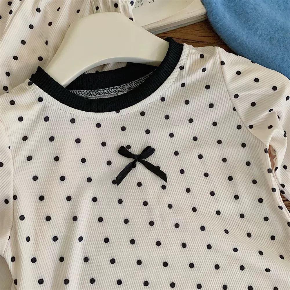 Autumn Winter Girls Pajama Set: Black Bowknot & Dots - ClubOn