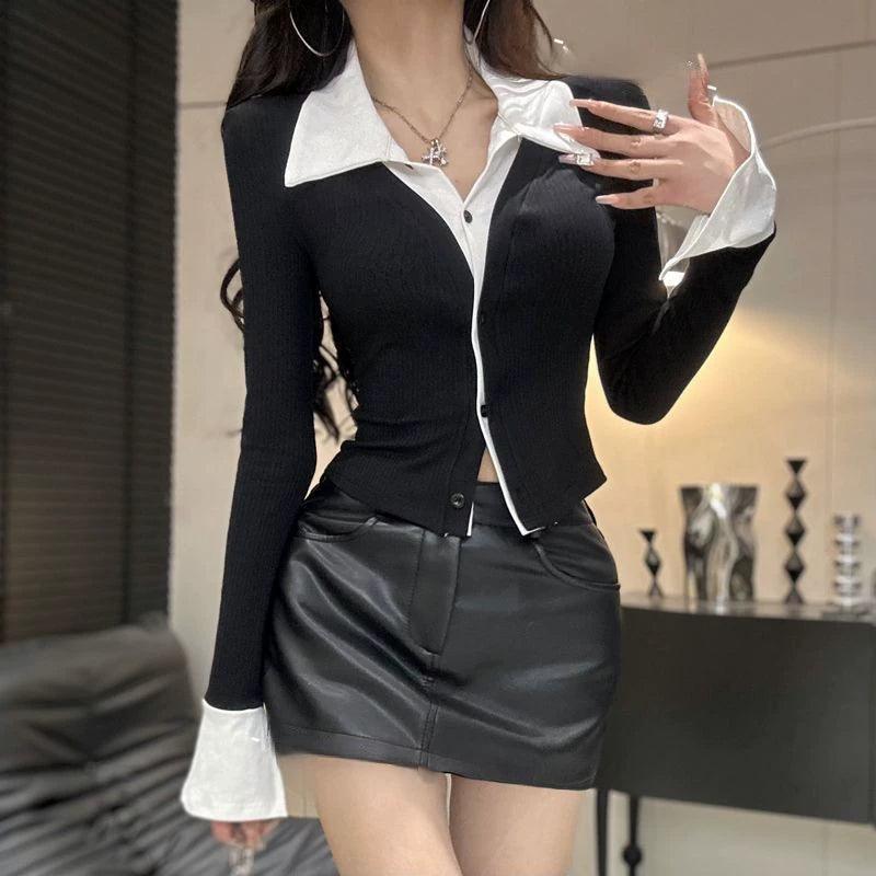 New Autumn Contrasting Color Long Sleeve Shirt for Women - ClubOn