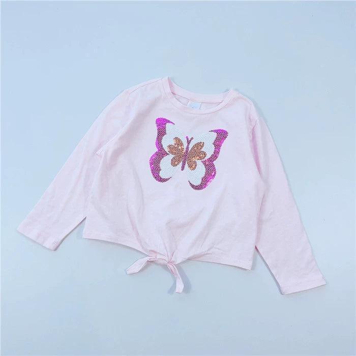 Girls’ Cotton Short Sleeve Top with Sequin Butterfly – Stylish & Unique - ClubOn