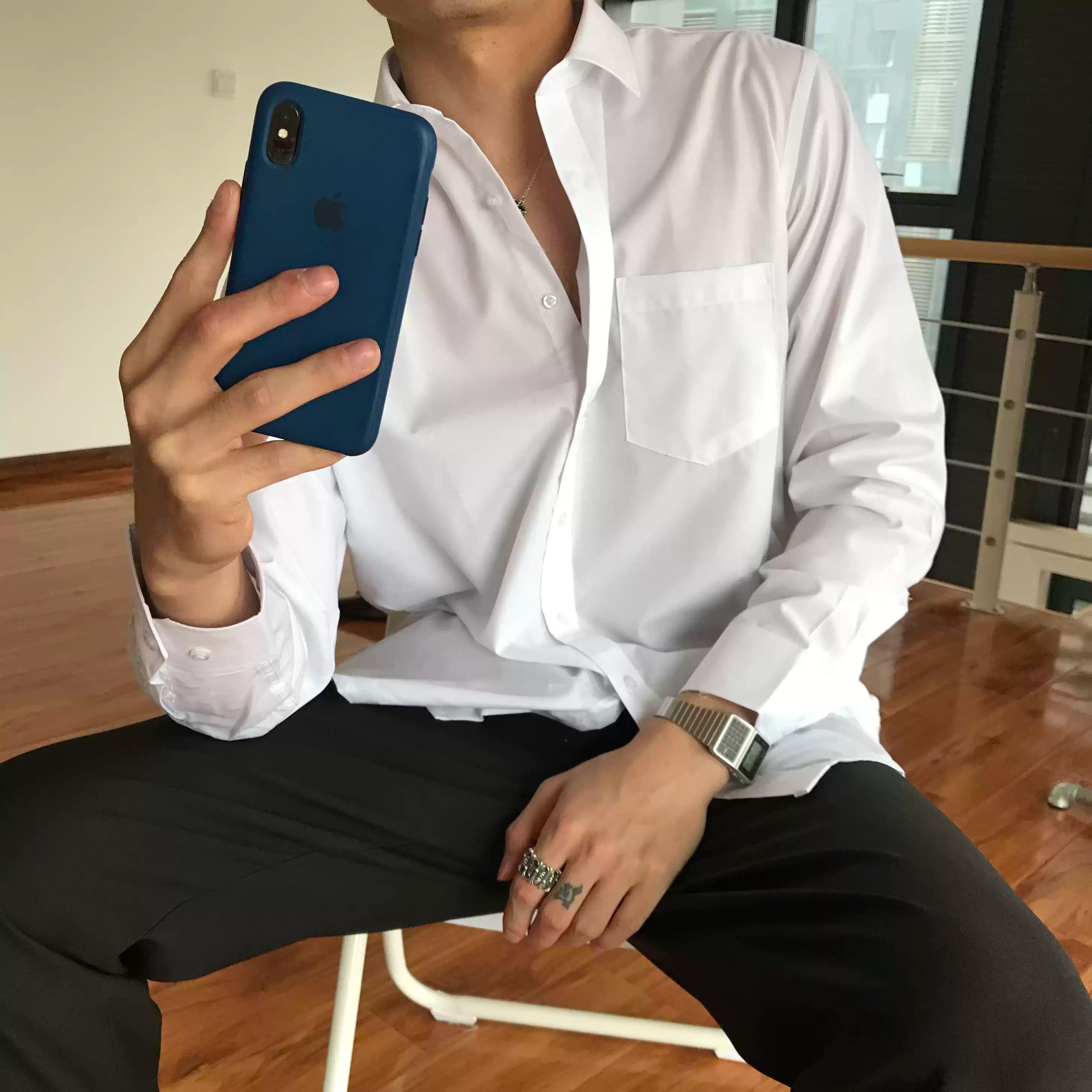 Spring Leisure Scheming Design Sense Super Fairy Pendant Long-Sleeved Versatile White Shirt Men, Abstinence BF Style - ClubOn