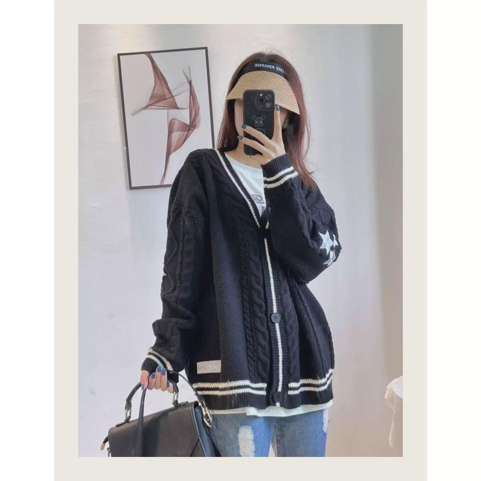 Star Embroidery Loose Cardigan Women Vintage Autumn - ClubOn