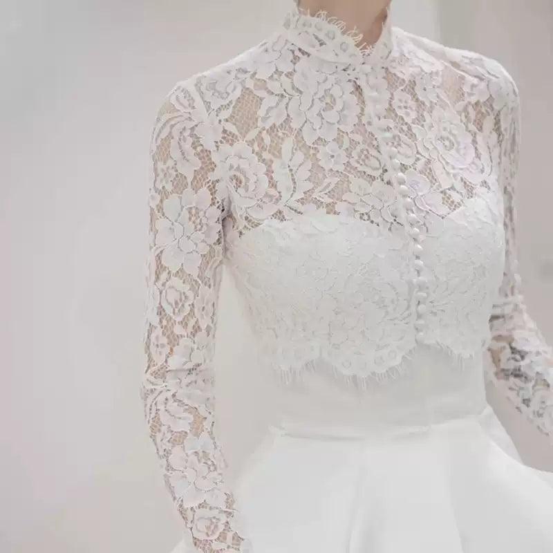 Wedding Dress Cape Shawl, Fashionable High Neck Lace Fitted Dress, Long Sleeve Top for Bride, Wedding Certificate Jacket - ClubOn