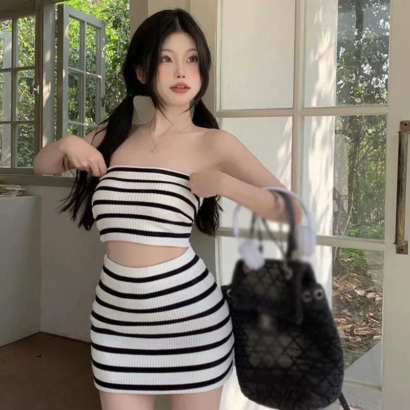 Women’s Summer Two-Piece Knit Set - Top & High Waist Skirt - ClubOn